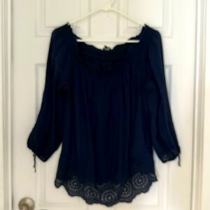 Luck Brand dark blue top  with lace type accents L  VGUC